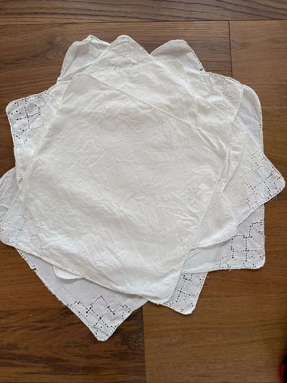 8 Vintage Punchwork Cut Work Embroidered Ivory Muslin 14” Square Napkins